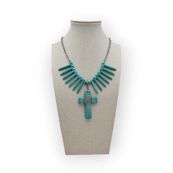 Turquoise Spike Bead & Cross Pendant Necklace – Southwestern Boho Chic Statement - Picture 9 of 9